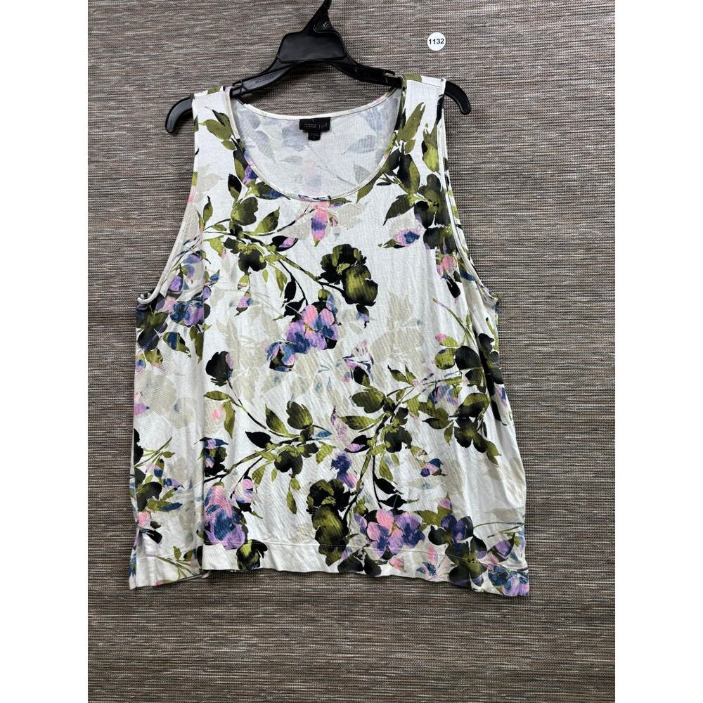 J Jill Wearever Collection Tank Top Women Sz XL Ivory Floral Stretch Scoop Neck